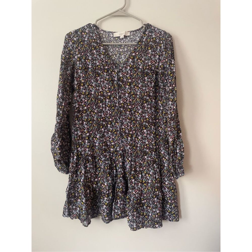 Loft Womens XS Black Long Sleeve Mini T Shirt Dress Ditsy Floral Pattern